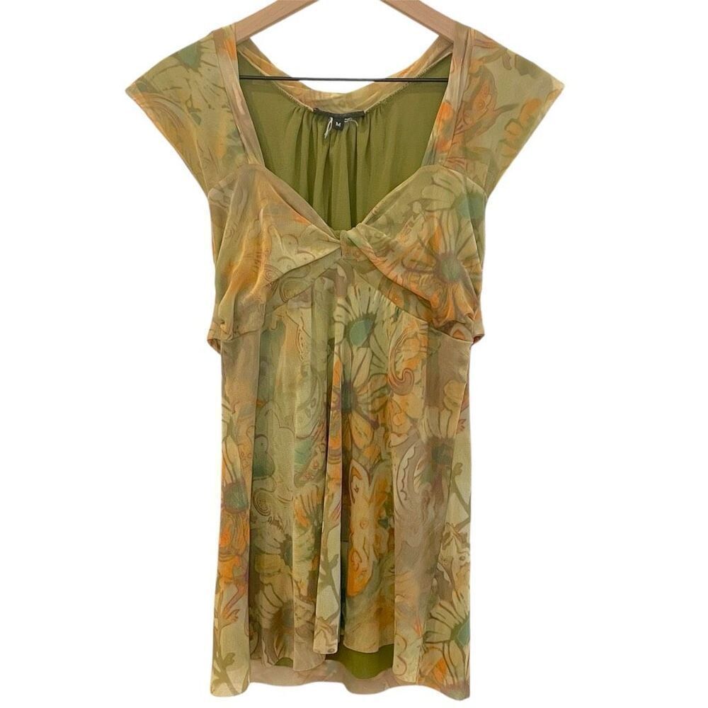 Y2K Vintage‎ Green Mesh Floral Cap Sleeve Babydoll Top M Fairy Fairycore Goblin